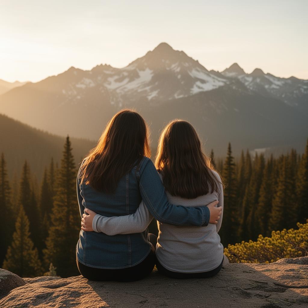 A parent and child sitting together overlooking a mountain landscape
